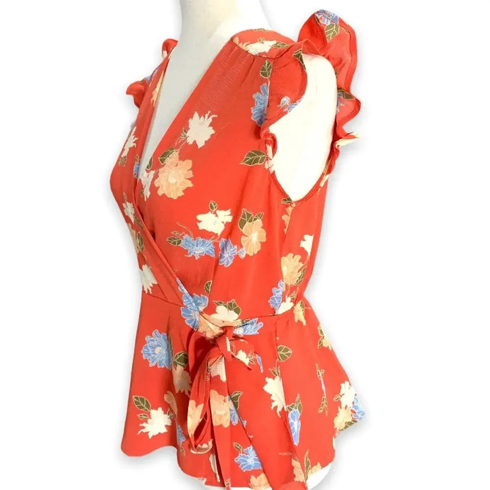 New monteau blouse sleeveless faux wrap orange floral side tie top shirt size‎ M